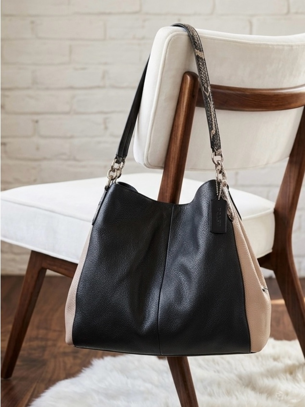 Coach Phoebe Colorblock Leather Shoulder Bag Python Trim F38251 Black Taupe